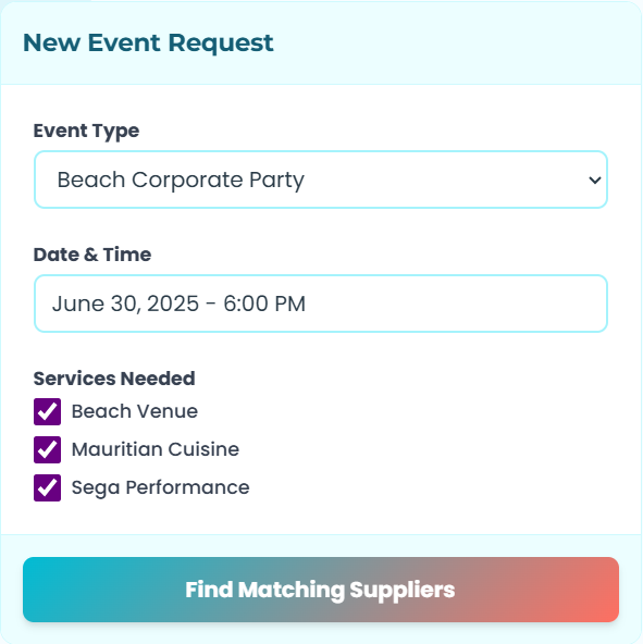 Event request form to find matching suppliers